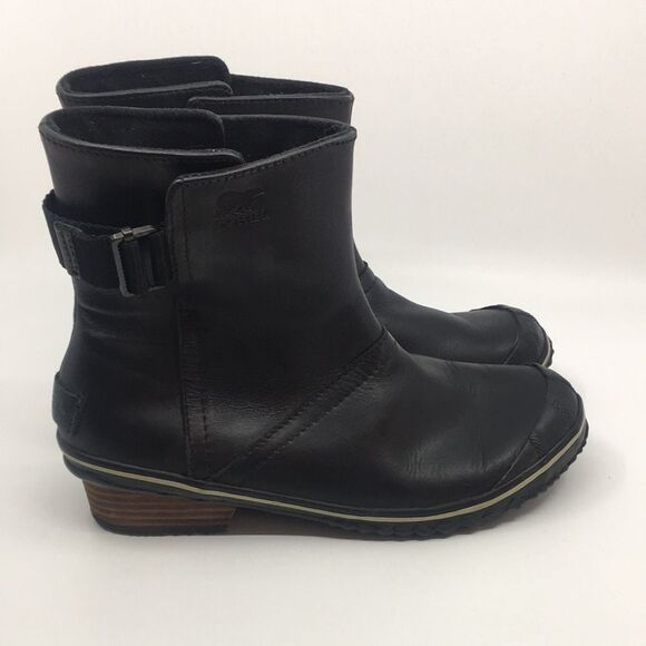Sorel Black Waterproof Leather Short Slimboot Pull On Boots women’s size 8.5 M - Picture 1 of 16